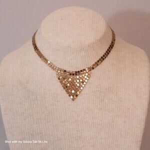 Art Deco Mesh Bib Necklace Gold Tone Choker Lobster Clasp With Extension